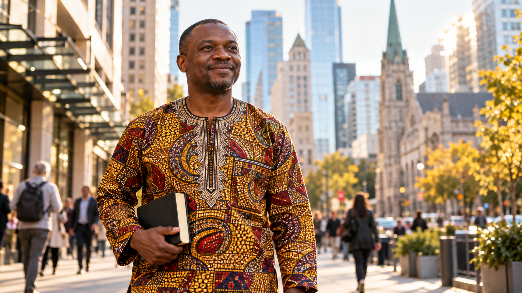 African Christian missionary wearing African clothing and holding a Bible in a Western city
