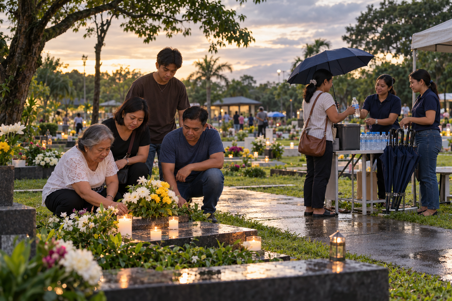 Filipino family remembering a loved one while local volunteers offer water and umbrellas nearby during Undas