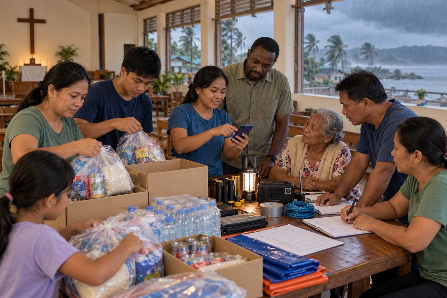 Filipino church volunteers and a missionary preparing emergency supplies together before a tropical storm