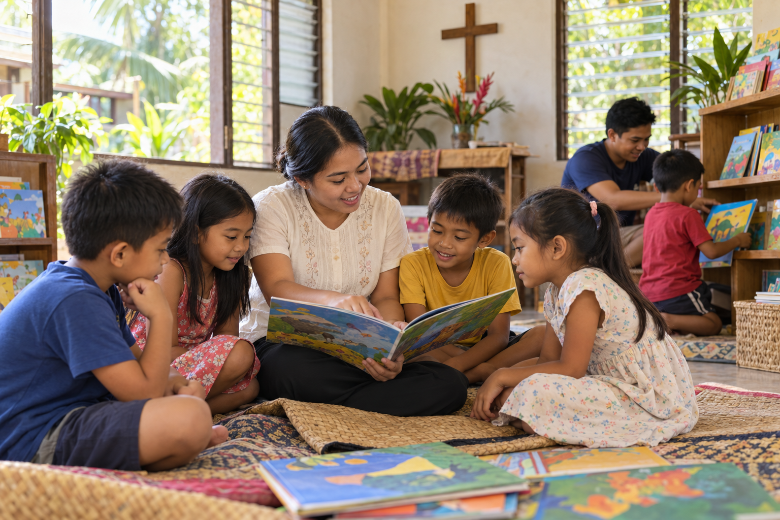 Filipino church volunteers reading picture books with children in a safe community room