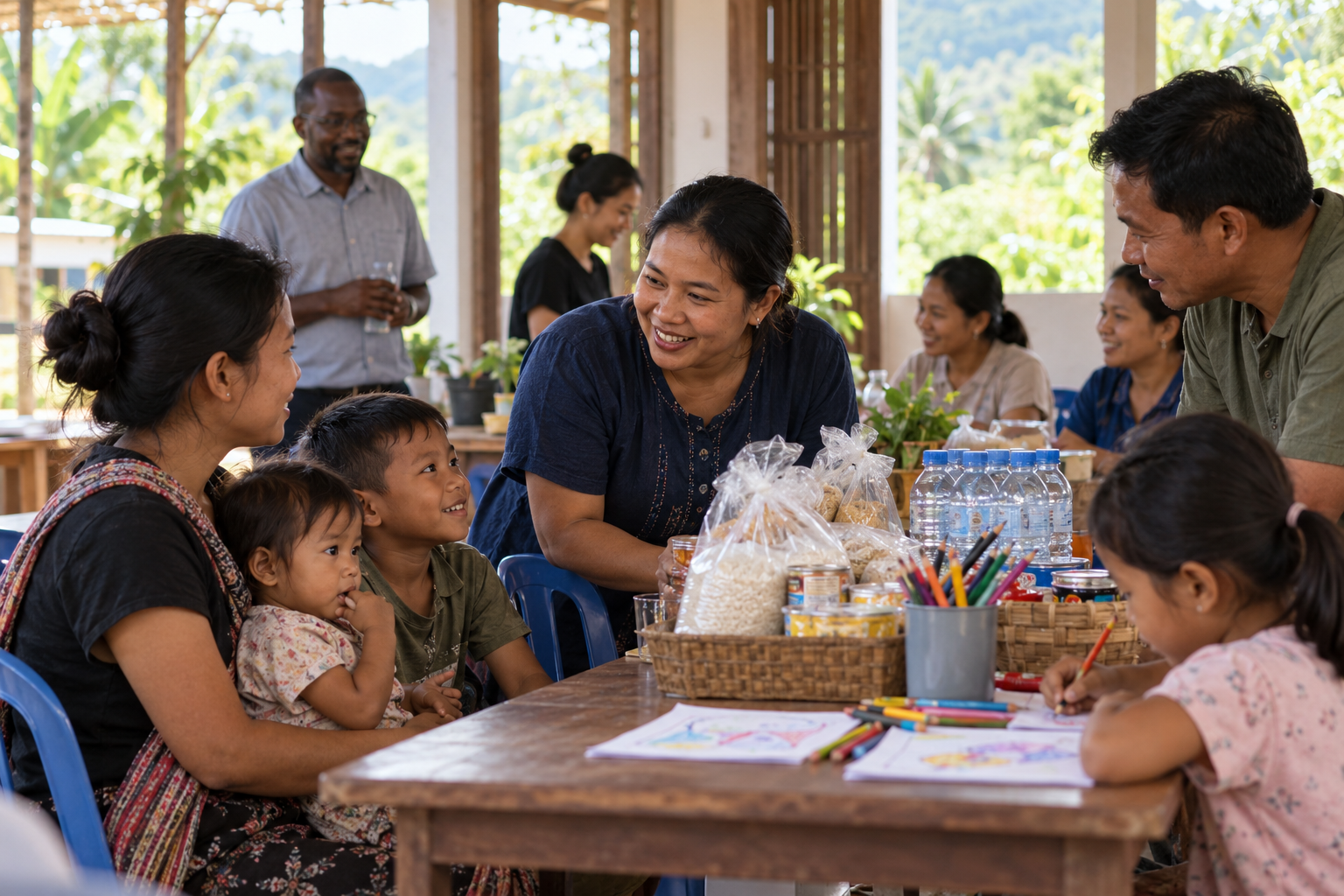 Southeast Asian church volunteers welcoming a displaced Myanmar family at a community center