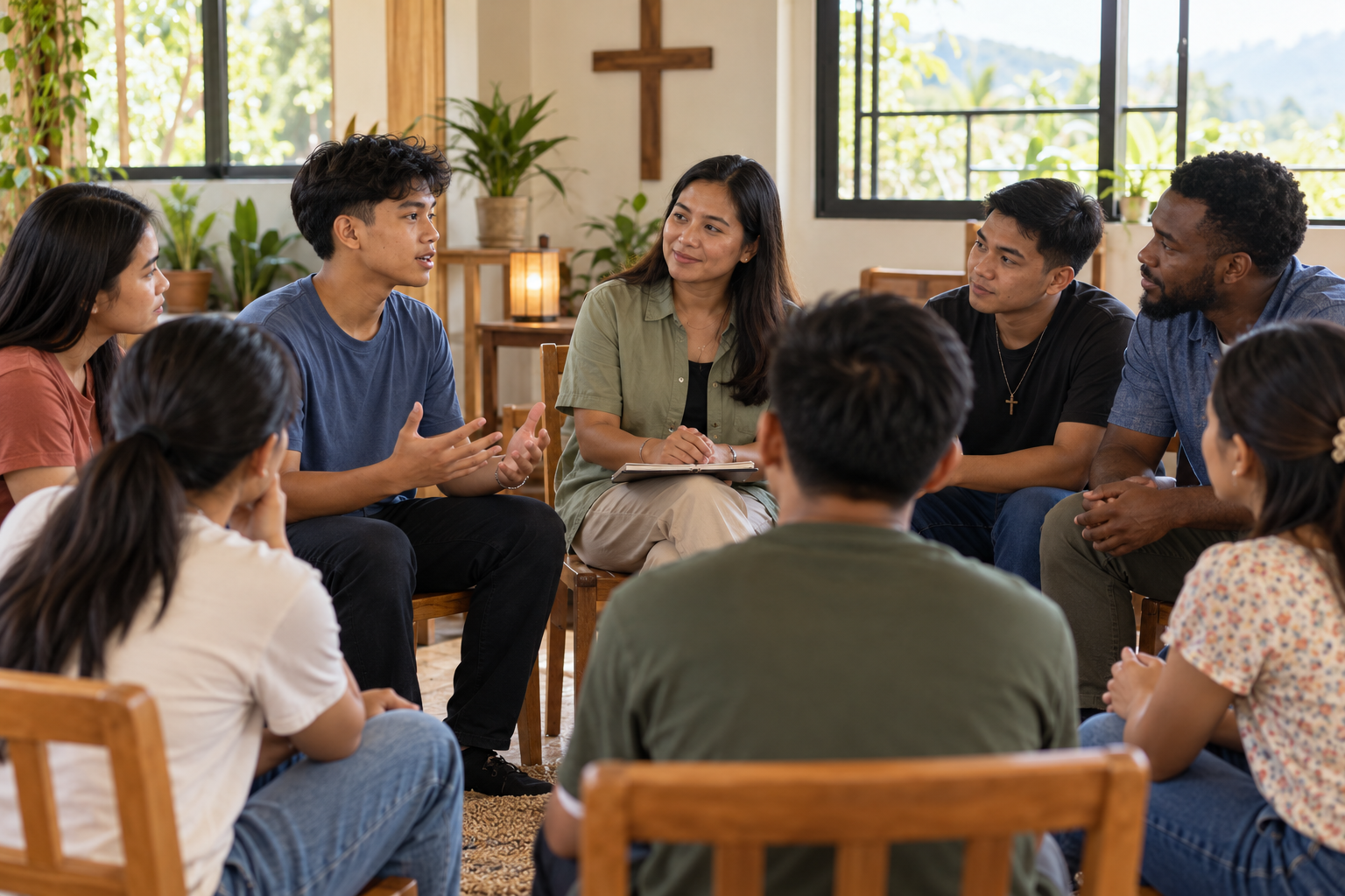 Filipino young people in a church listening circle with a trained counselor and ministry leaders