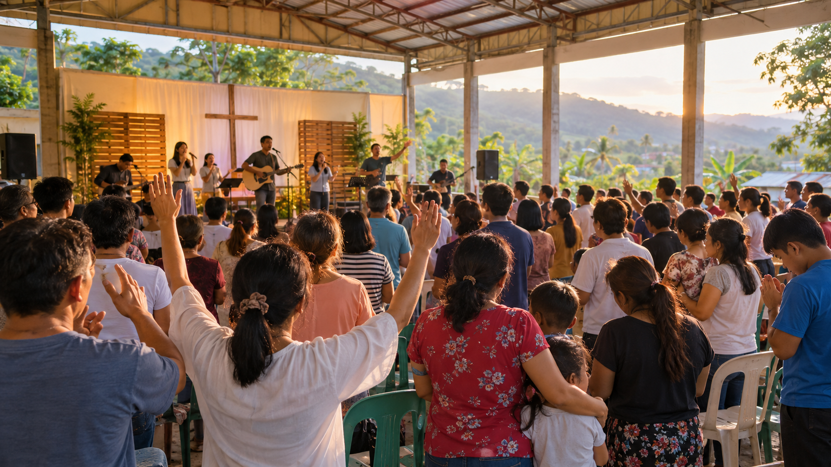 Community members worshipping together during an outreach in Rizal