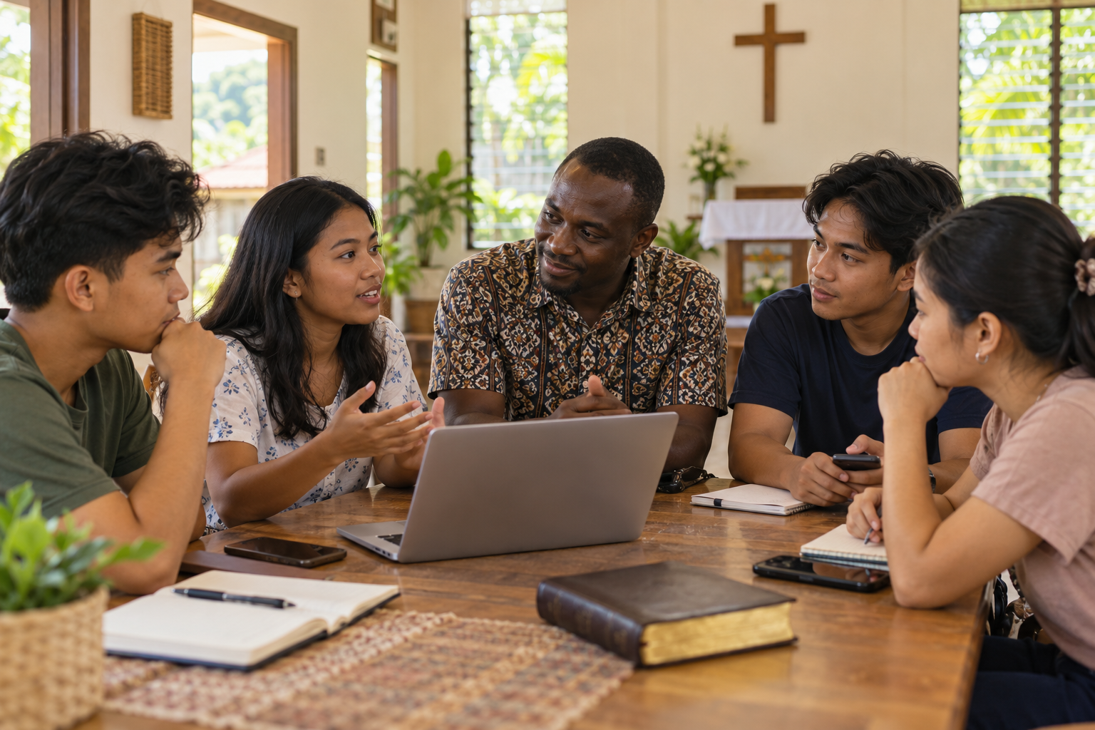 Southeast Asian young adults and an African missionary planning a responsible digital outreach