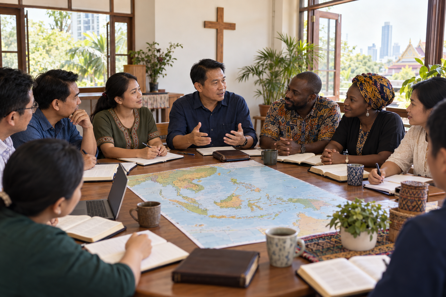 Southeast Asian church leaders and African missionaries planning mission together around a table