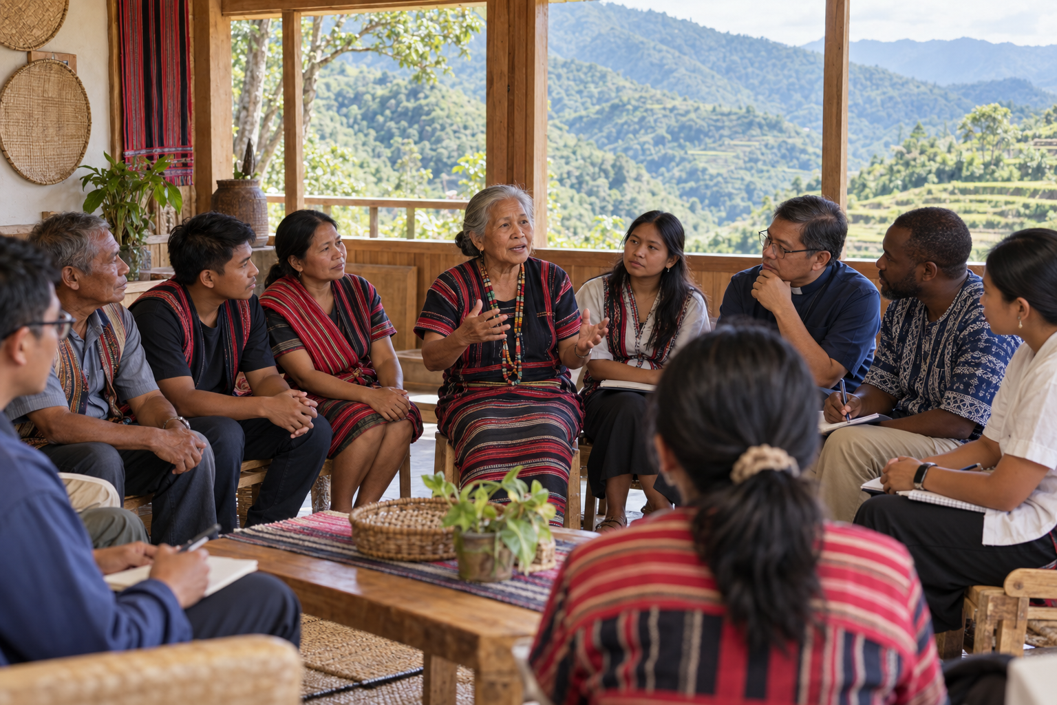 An Indigenous Filipino woman elder leading a community conversation while church and mission workers listen