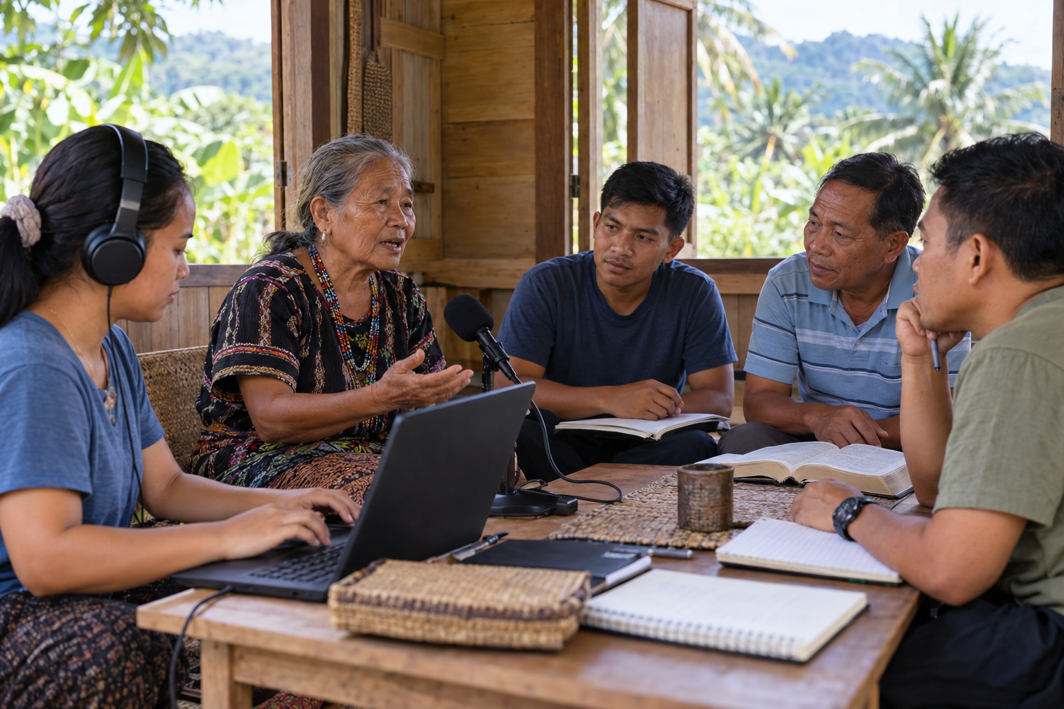 A locally led Filipino team recording and reviewing an oral Bible translation in Mindanao