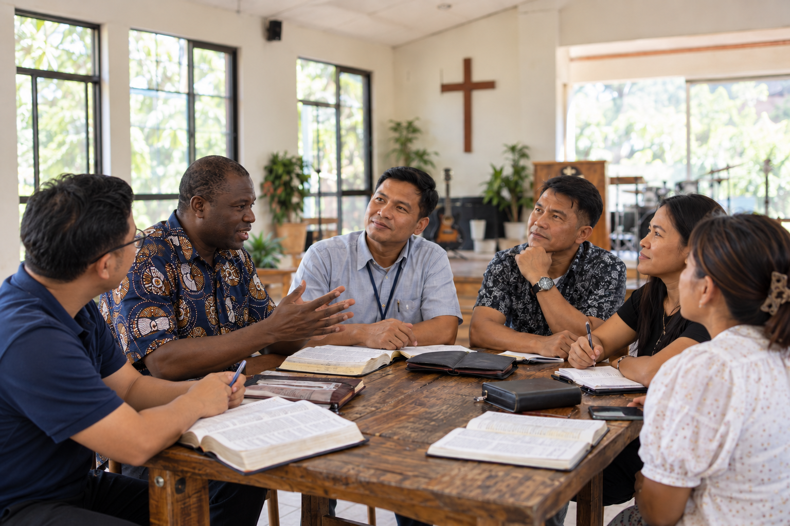 African and Filipino Christian leaders studying the Bible together