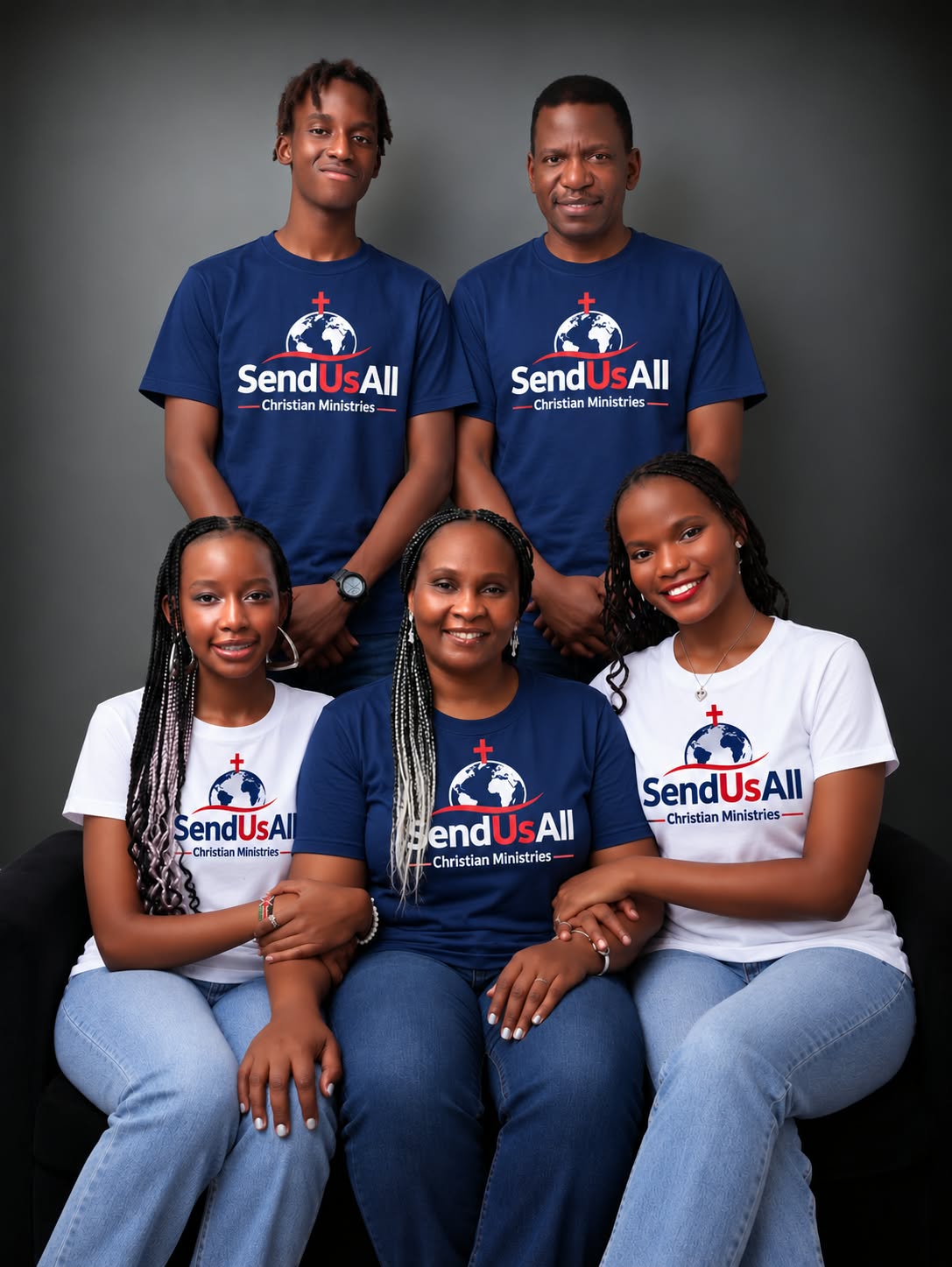 The SendUsAll missionary family wearing SendUsAll Christian Ministries shirts