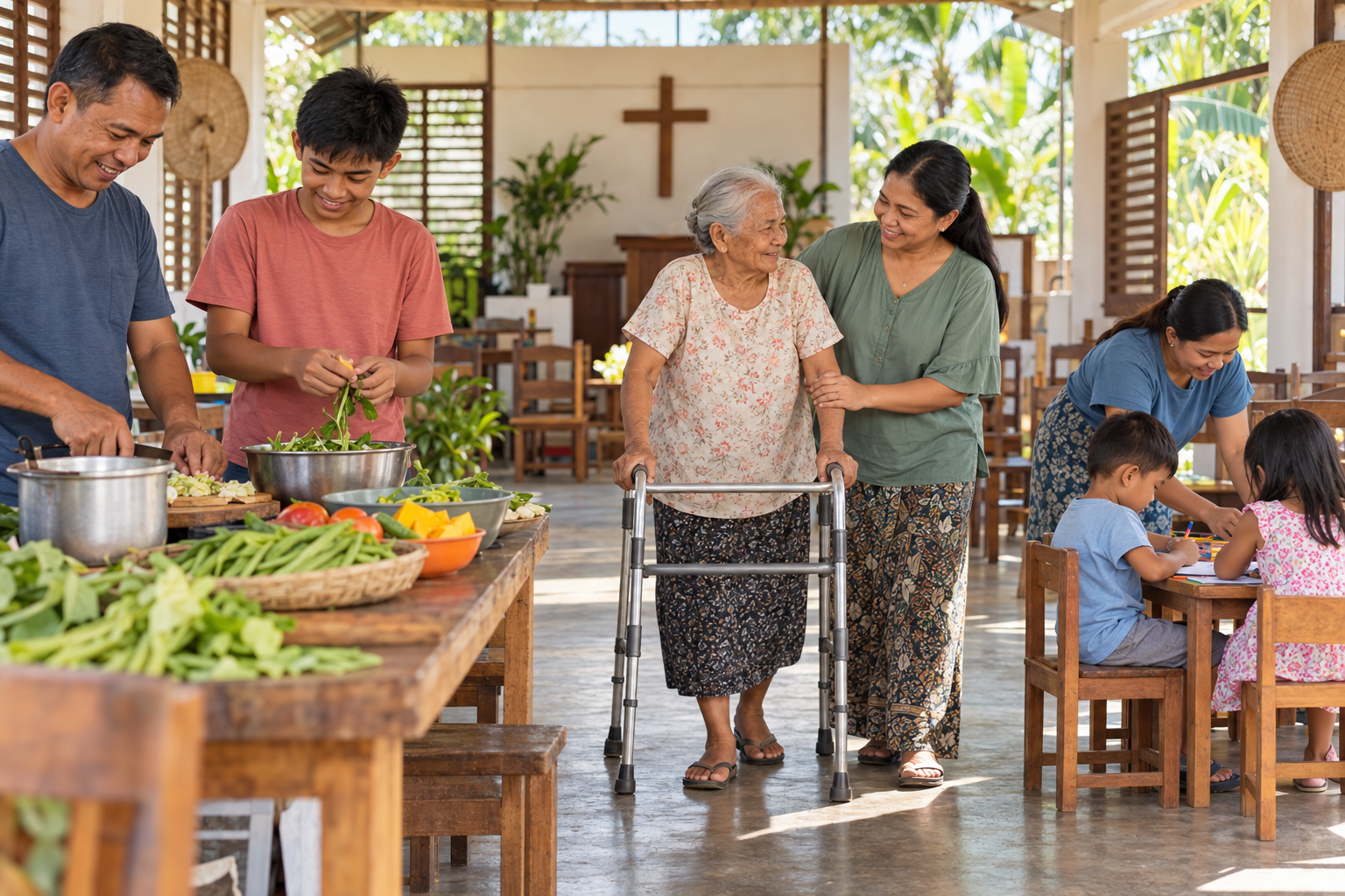 Filipino church members sharing cooking, child care, and support for an older woman in a community hall