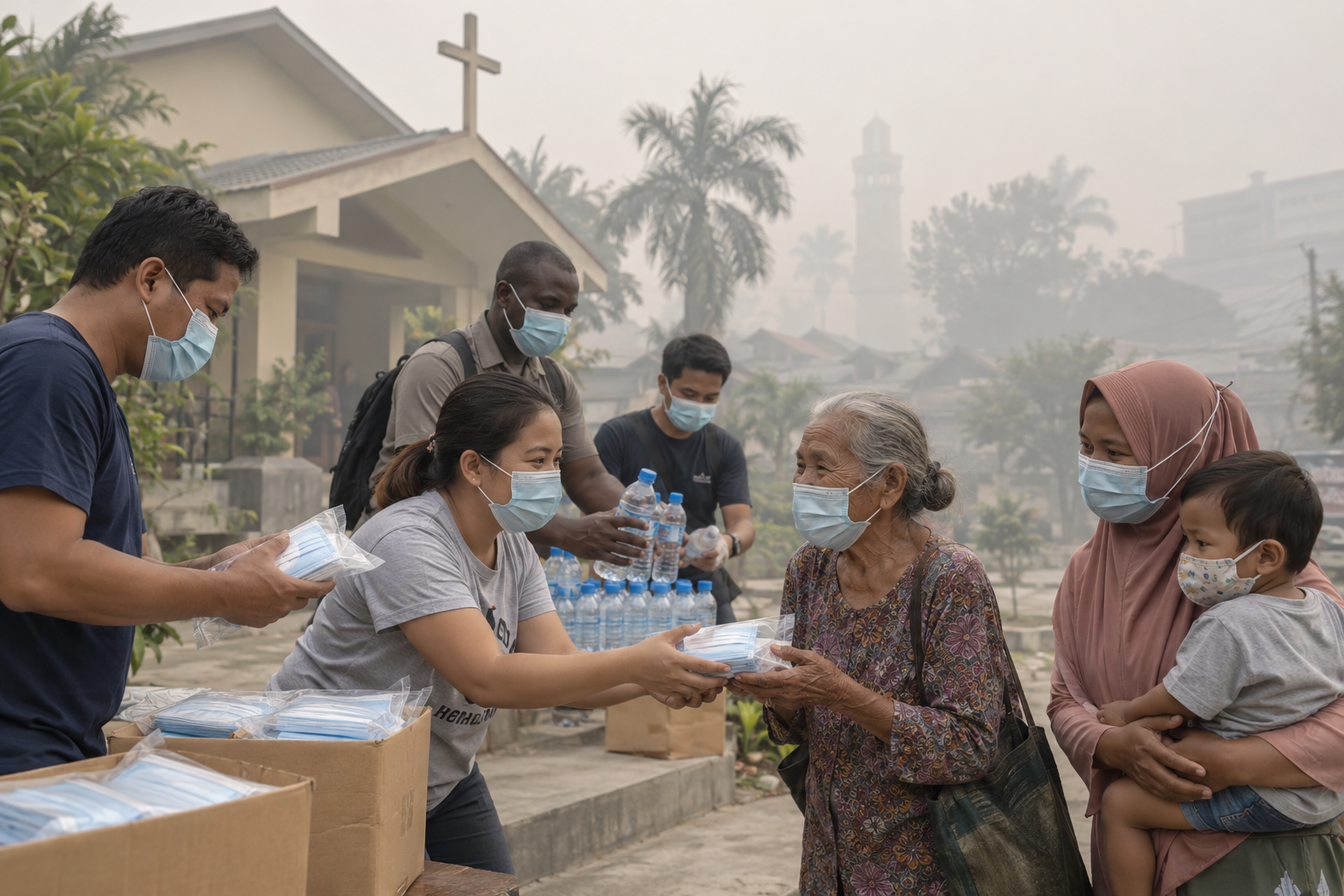 Church volunteers distributing protective masks and water during severe haze in Southeast Asia