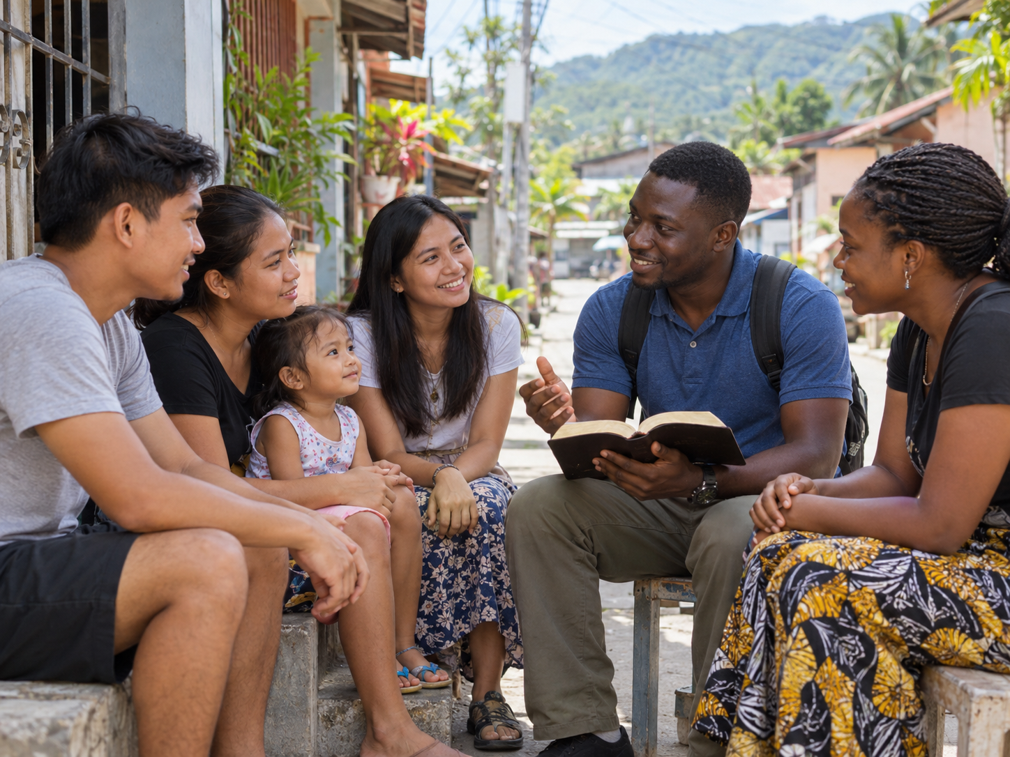 African and Filipino Christian volunteers sharing the Gospel in a Rizal community