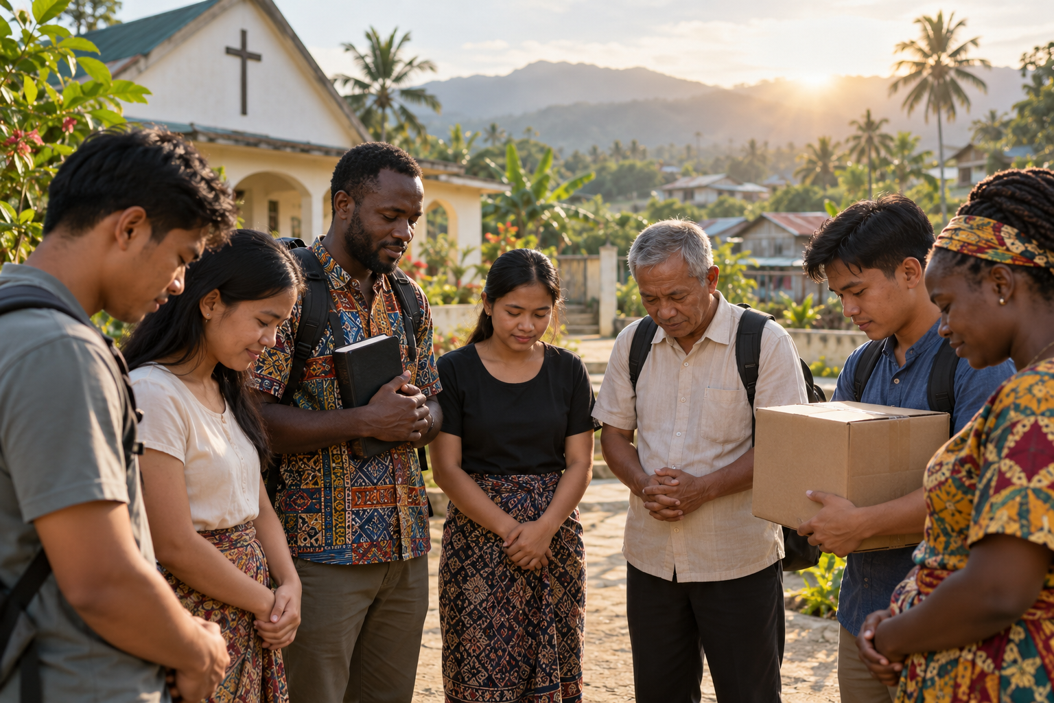 African and Southeast Asian Christians praying together before serving a community