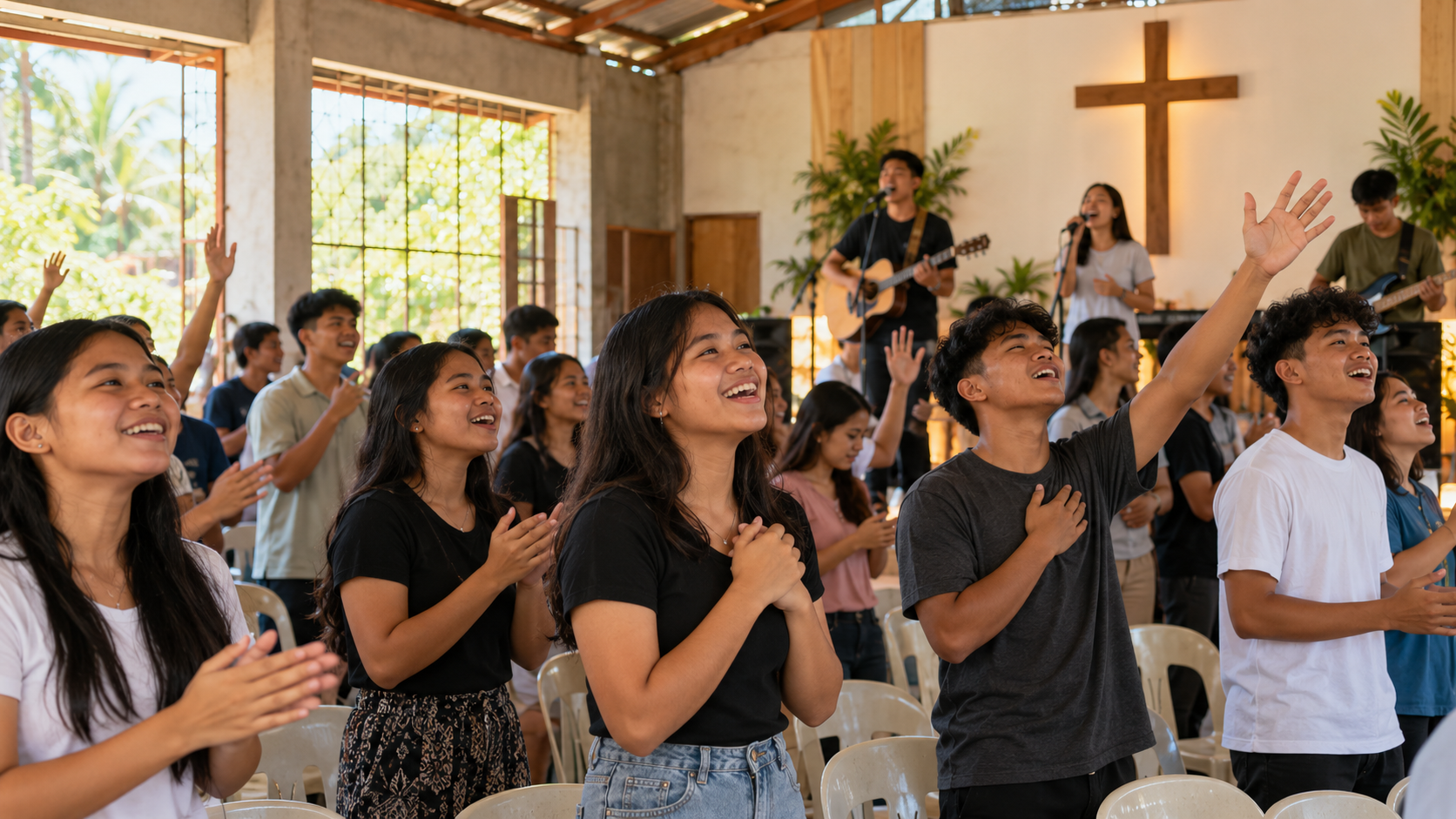 Young people participating in a joyful Christian ministry gathering in the Philippines